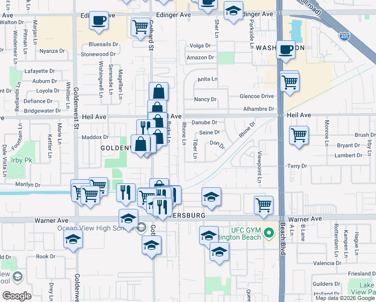 map of restaurants, bars, coffee shops, grocery stores, and more near 16681 Rhone Lane in Huntington Beach