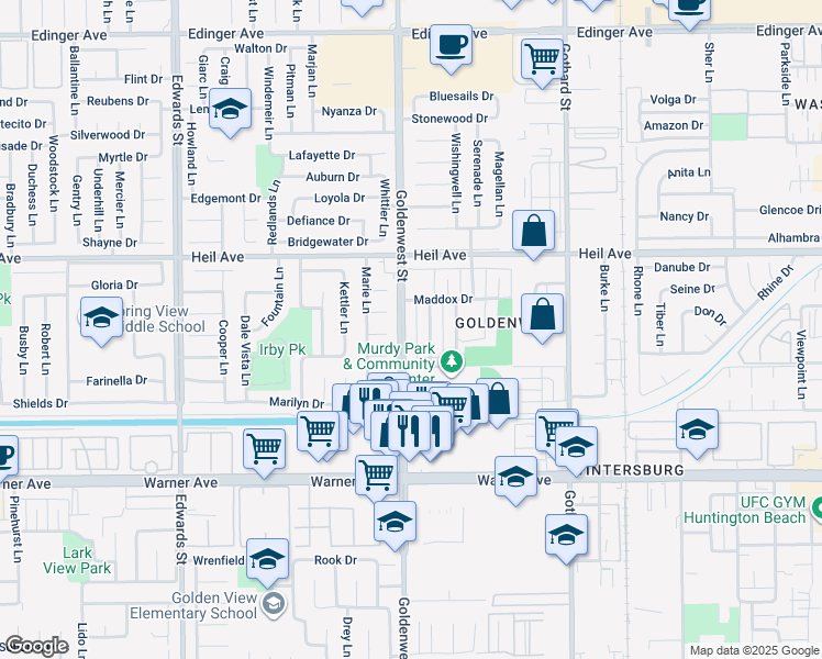 map of restaurants, bars, coffee shops, grocery stores, and more near 16692 Goldenwest Street in Huntington Beach