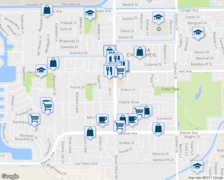 map of restaurants, bars, coffee shops, grocery stores, and more near 16621 Jib Circle in Huntington Beach