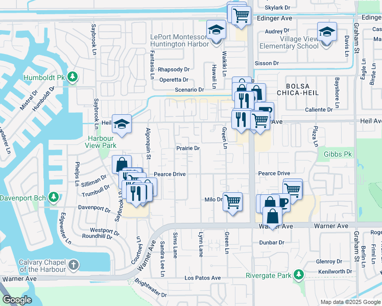 map of restaurants, bars, coffee shops, grocery stores, and more near 16671 Blanton Lane in Huntington Beach