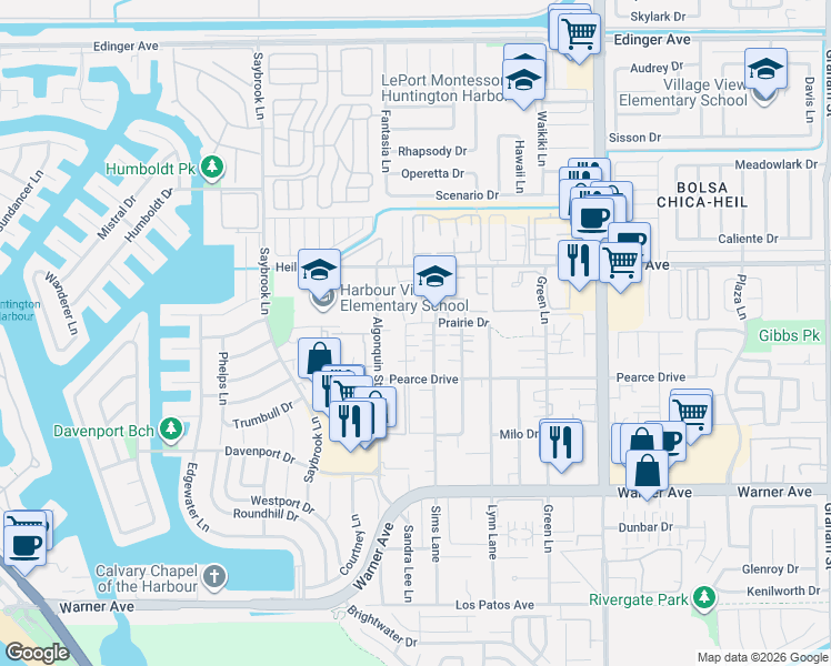 map of restaurants, bars, coffee shops, grocery stores, and more near 16671 Sims Lane in Huntington Beach