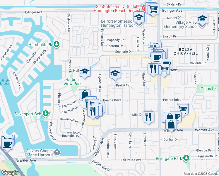 map of restaurants, bars, coffee shops, grocery stores, and more near 16671 Sims Lane in Huntington Beach