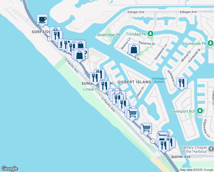 map of restaurants, bars, coffee shops, grocery stores, and more near 16672 California 1 in Huntington Beach