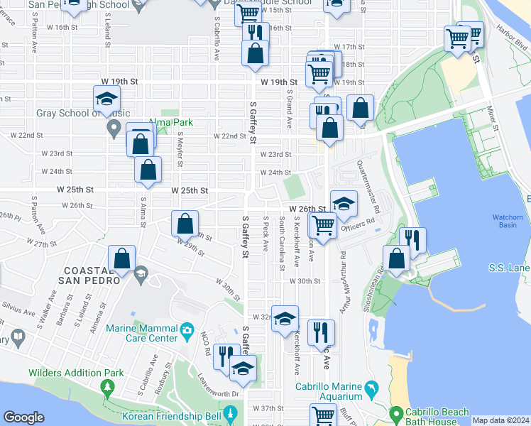 map of restaurants, bars, coffee shops, grocery stores, and more near 2624 South Peck Avenue in Los Angeles