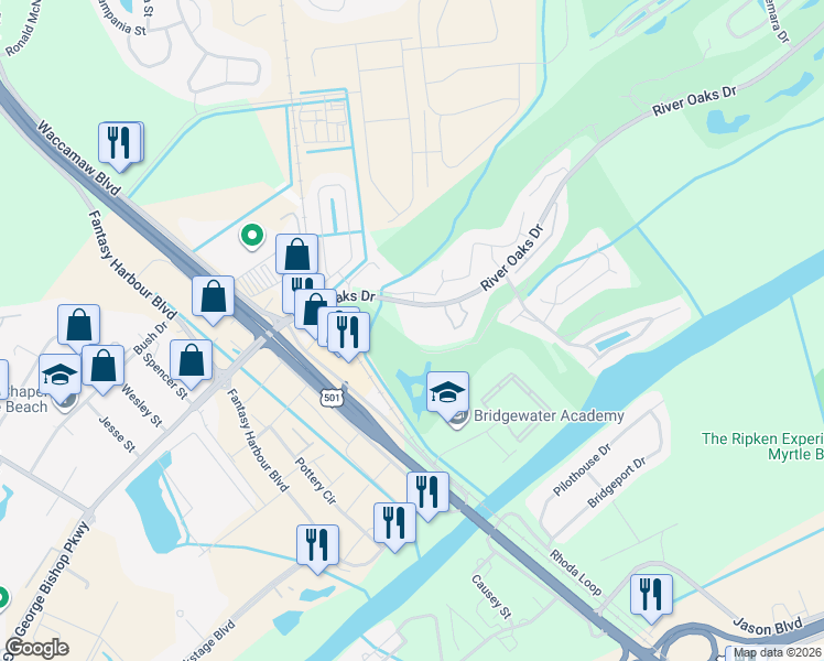 map of restaurants, bars, coffee shops, grocery stores, and more near 65-D River Oaks Drive in Myrtle Beach