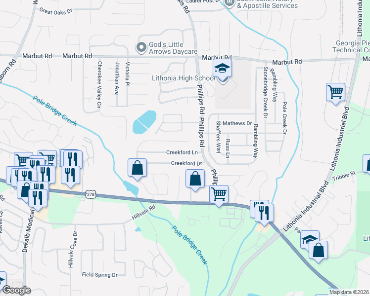 map of restaurants, bars, coffee shops, grocery stores, and more near 6303 Creekford Lane in Lithonia