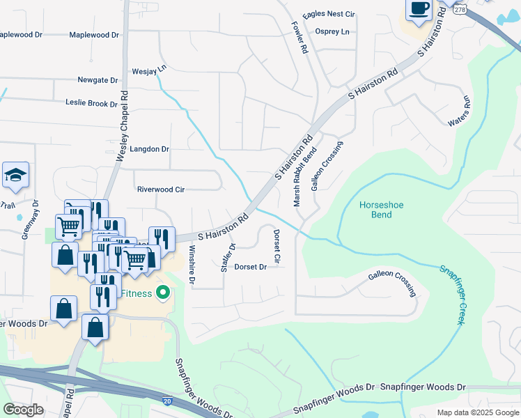 map of restaurants, bars, coffee shops, grocery stores, and more near 2360 South Hairston Road in Decatur