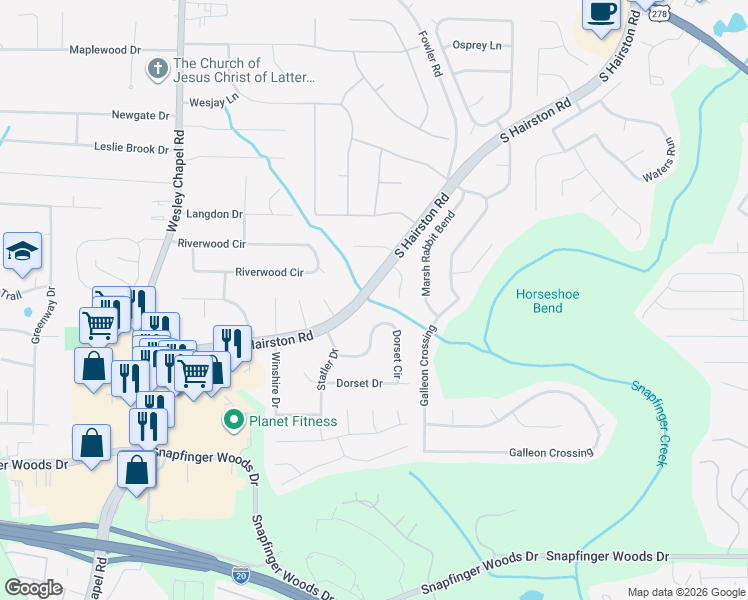 map of restaurants, bars, coffee shops, grocery stores, and more near 4520 Dorset Circle in Decatur