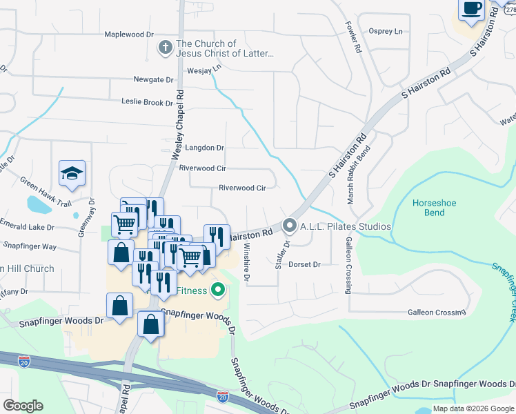 map of restaurants, bars, coffee shops, grocery stores, and more near 2326 Pebble Rock Way in Decatur