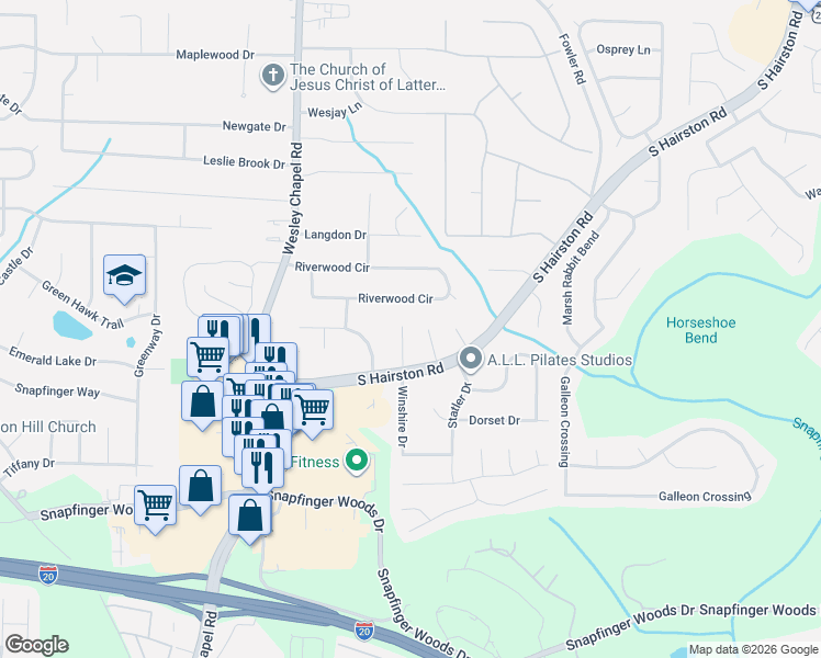 map of restaurants, bars, coffee shops, grocery stores, and more near 2325 Pebble Rock West in Decatur