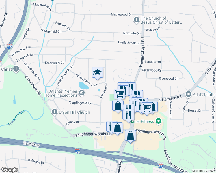 map of restaurants, bars, coffee shops, grocery stores, and more near 2332 Greenway Drive in Decatur