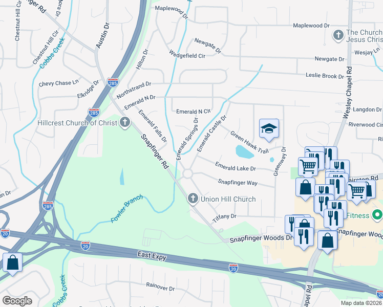 map of restaurants, bars, coffee shops, grocery stores, and more near 2326 Emerald Springs Drive in Decatur