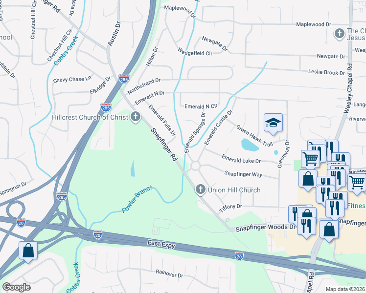 map of restaurants, bars, coffee shops, grocery stores, and more near 2326 Emerald Springs Drive in Decatur