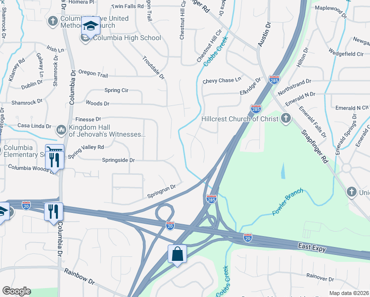 map of restaurants, bars, coffee shops, grocery stores, and more near 2347 Chevy Chase Lane in Decatur