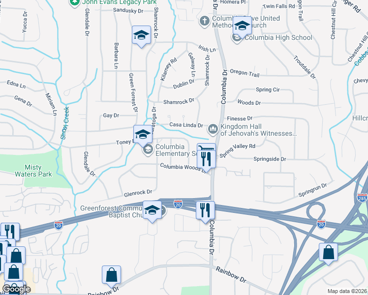 map of restaurants, bars, coffee shops, grocery stores, and more near 3349 Toney Drive in Decatur