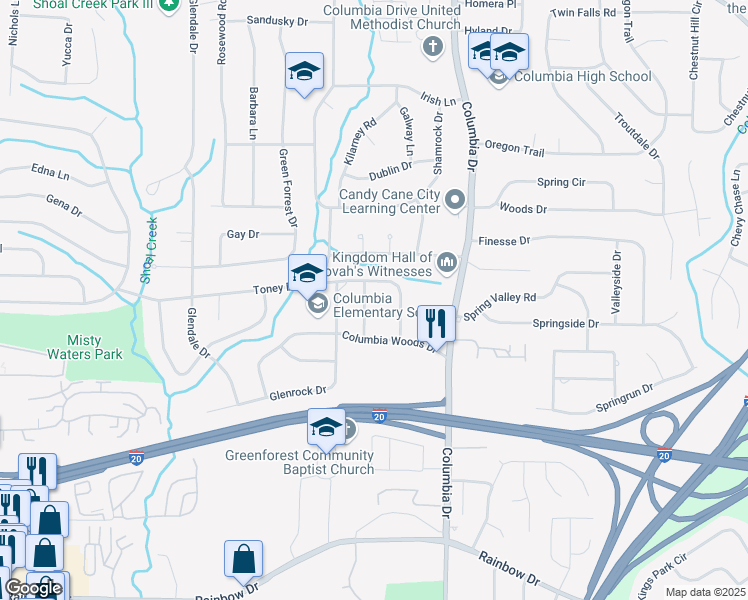 map of restaurants, bars, coffee shops, grocery stores, and more near 3349 Toney Drive in Decatur