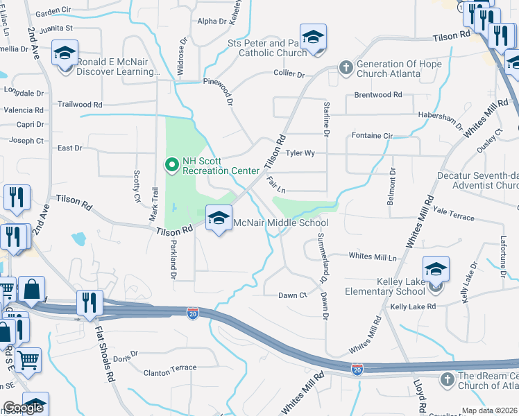 map of restaurants, bars, coffee shops, grocery stores, and more near 2361 Dawn Drive in Decatur