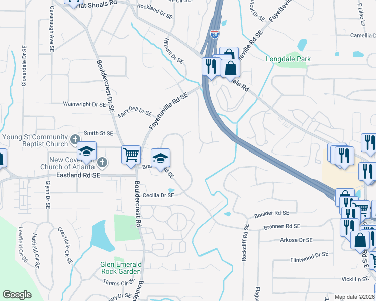 map of restaurants, bars, coffee shops, grocery stores, and more near 1681 Cecilia Drive Southeast in Atlanta
