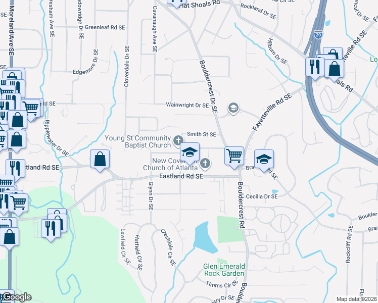 map of restaurants, bars, coffee shops, grocery stores, and more near 2388 Young Street Southeast in Atlanta