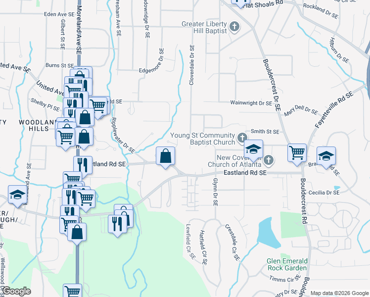 map of restaurants, bars, coffee shops, grocery stores, and more near 2630 Porchside PIace Southeast in Atlanta
