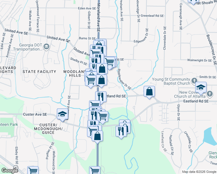 map of restaurants, bars, coffee shops, grocery stores, and more near 1395 Village Creek Circle in Atlanta