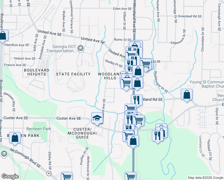 map of restaurants, bars, coffee shops, grocery stores, and more near 1109 Knott Street Southeast in Atlanta