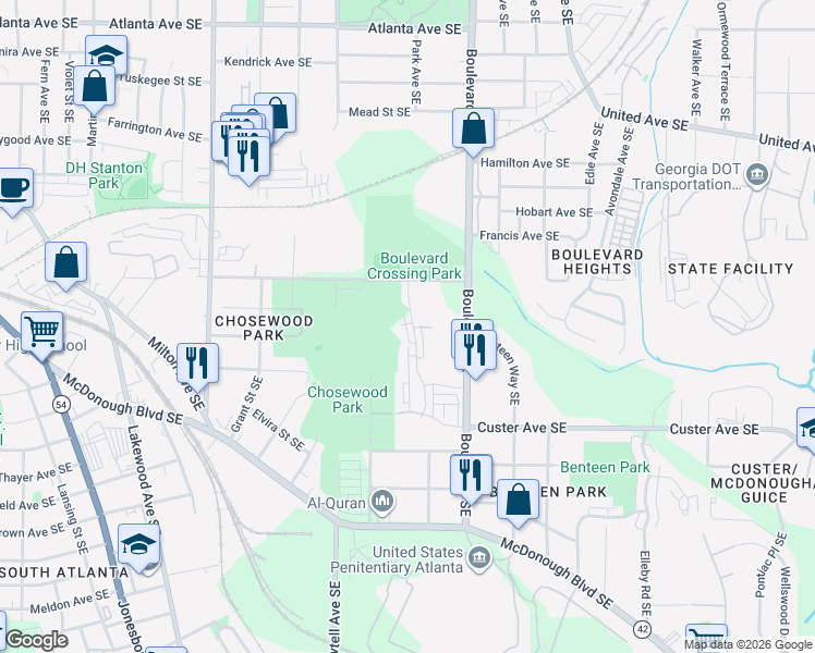 map of restaurants, bars, coffee shops, grocery stores, and more near 1215 Roberts Drive Southeast in Atlanta