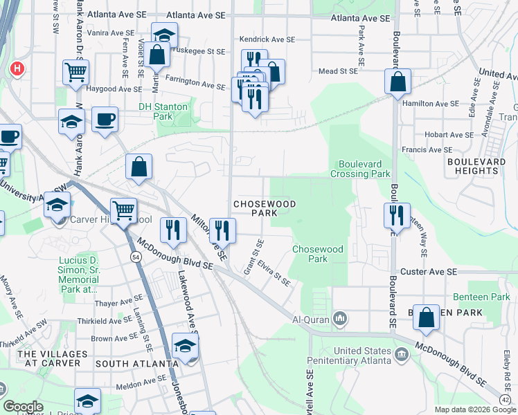 map of restaurants, bars, coffee shops, grocery stores, and more near 1272 Grant Street Southeast in Atlanta