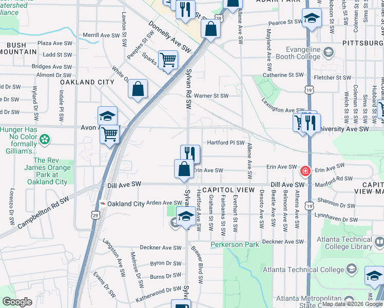 map of restaurants, bars, coffee shops, grocery stores, and more near 1279 Hartford Avenue Southwest in Atlanta