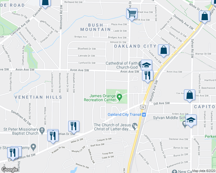 map of restaurants, bars, coffee shops, grocery stores, and more near 1278 Epworth Street Southwest in Atlanta