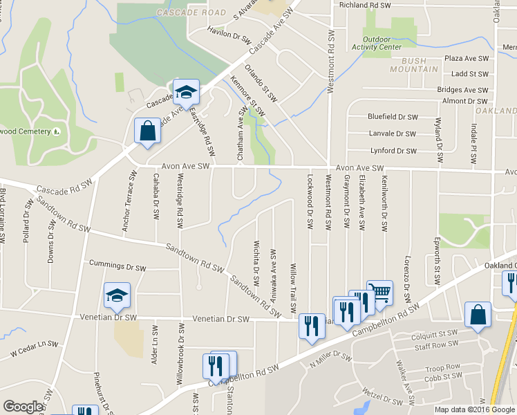 map of restaurants, bars, coffee shops, grocery stores, and more near 1297 Lockhaven Circle Southwest in Atlanta