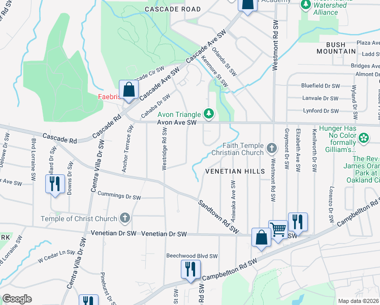 map of restaurants, bars, coffee shops, grocery stores, and more near 1298 Eastridge Road Southwest in Atlanta