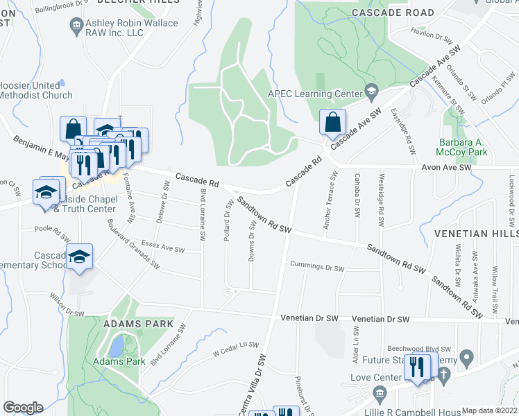 map of restaurants, bars, coffee shops, grocery stores, and more near 2068 Sandtown Road Southwest in Atlanta