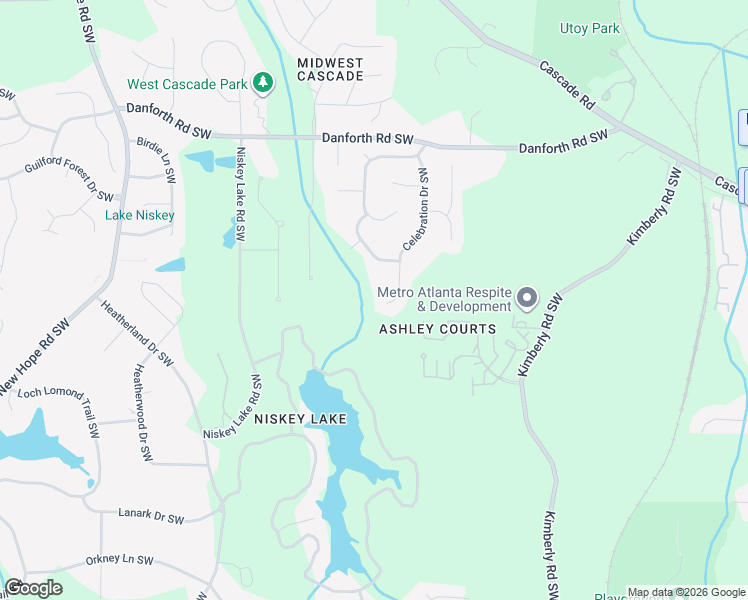 map of restaurants, bars, coffee shops, grocery stores, and more near 4280 Celebration Drive Southwest in Atlanta