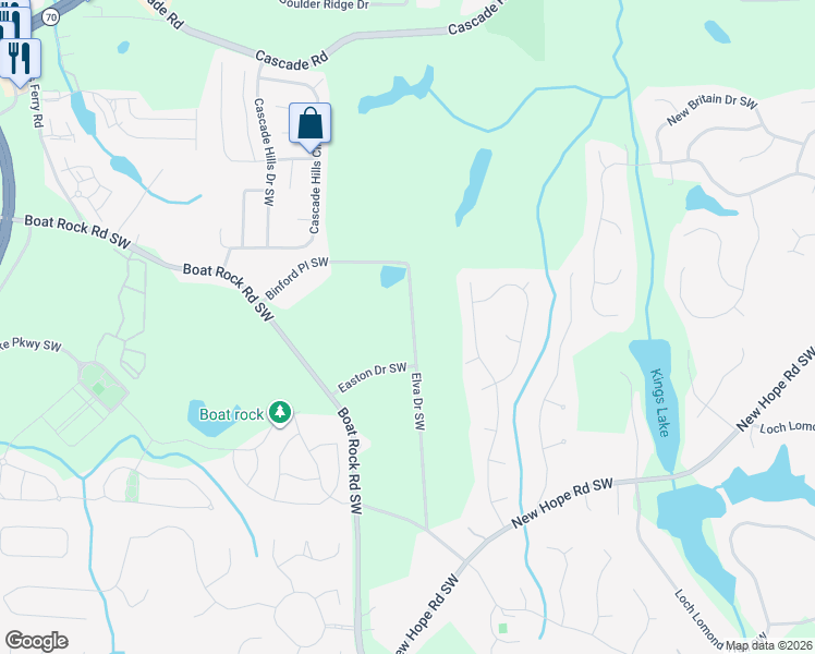 map of restaurants, bars, coffee shops, grocery stores, and more near 1289 Elva Drive Southwest in Atlanta