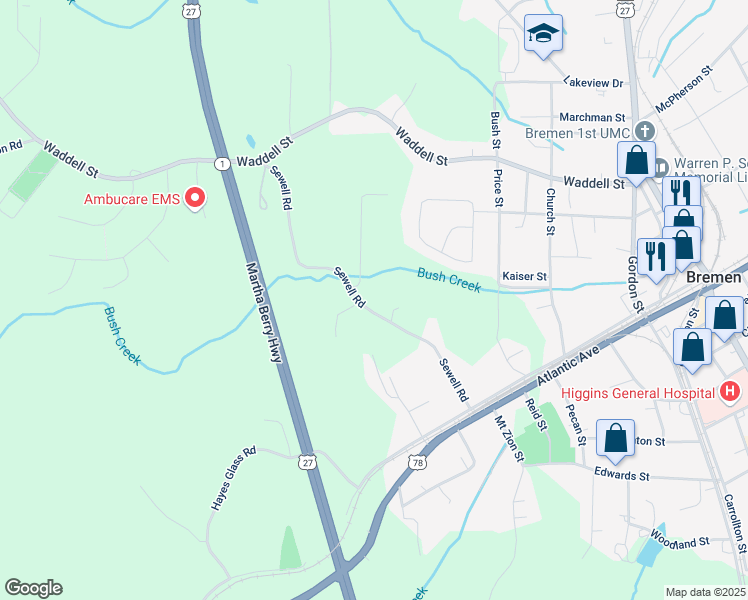 map of restaurants, bars, coffee shops, grocery stores, and more near 207 Sewell Road in Bremen