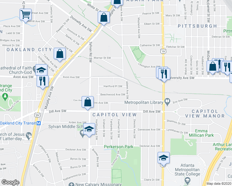 map of restaurants, bars, coffee shops, grocery stores, and more near 807 Beechwood Avenue Southwest in Atlanta