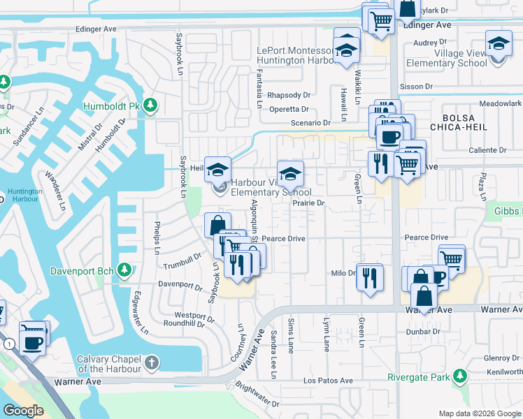 map of restaurants, bars, coffee shops, grocery stores, and more near 16642 Algonquin Street in Huntington Beach