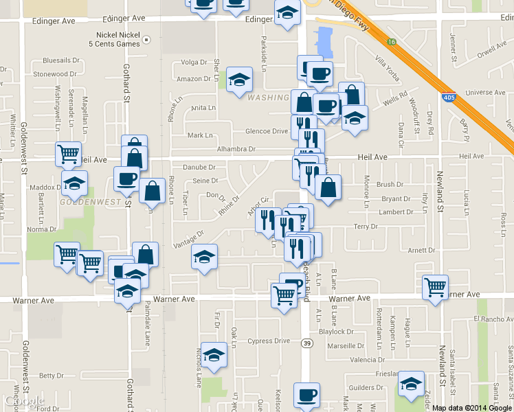 map of restaurants, bars, coffee shops, grocery stores, and more near Arbor Circle in Huntington Beach