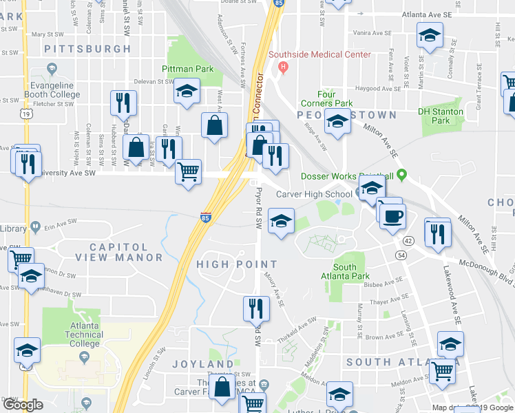 map of restaurants, bars, coffee shops, grocery stores, and more near 1269 Pryor Road Southwest in Atlanta