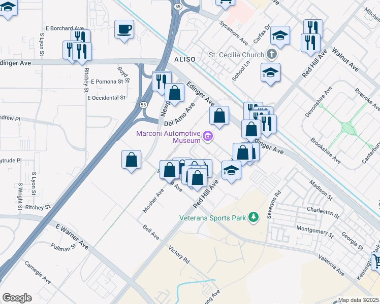 map of restaurants, bars, coffee shops, grocery stores, and more near 12472 Woodlawn Avenue in Tustin