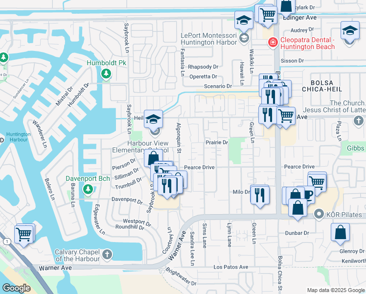 map of restaurants, bars, coffee shops, grocery stores, and more near 16642 Algonquin Street in Huntington Beach