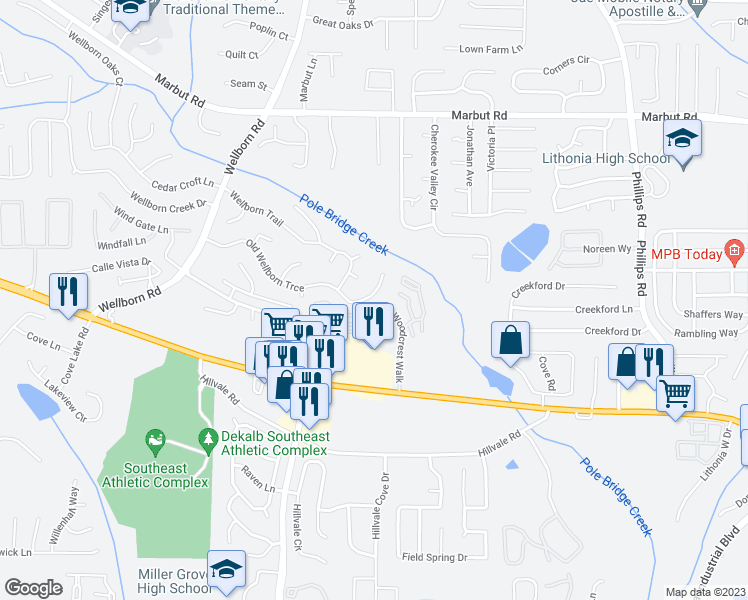 map of restaurants, bars, coffee shops, grocery stores, and more near 6057 Old Wellborn Trce in Lithonia