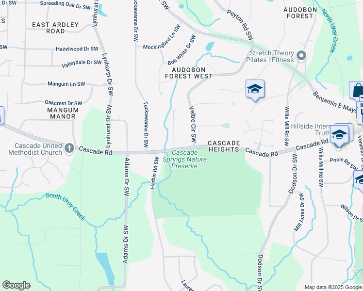 map of restaurants, bars, coffee shops, grocery stores, and more near 2845 Cascade Road in Atlanta