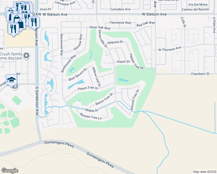 map of restaurants, bars, coffee shops, grocery stores, and more near 2549 Peach Tree Street in Hemet