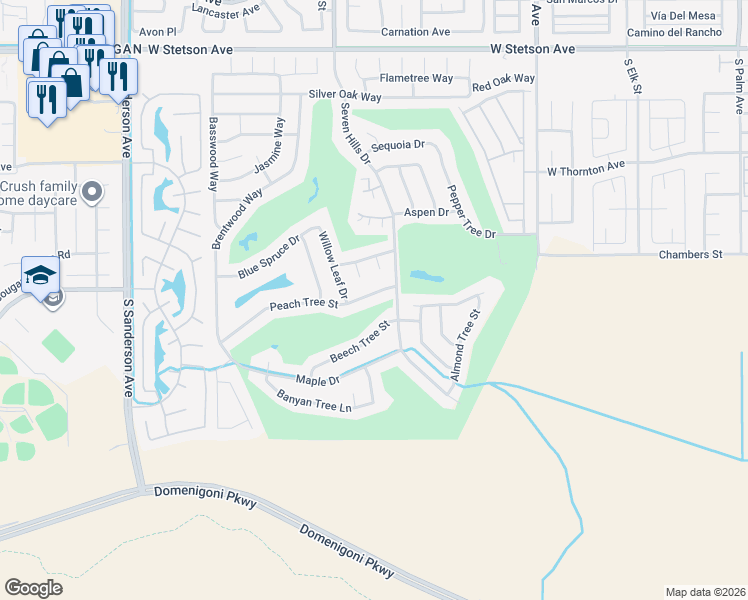 map of restaurants, bars, coffee shops, grocery stores, and more near 2549 Peach Tree Street in Hemet