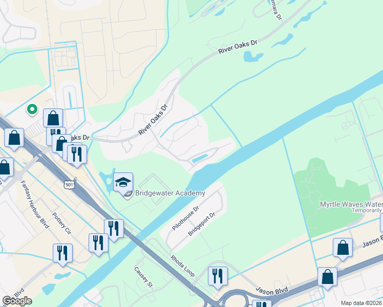 map of restaurants, bars, coffee shops, grocery stores, and more near 607 Waterway Village Boulevard in Myrtle Beach