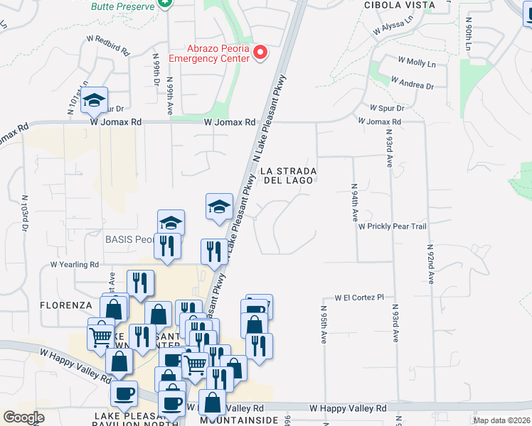 map of restaurants, bars, coffee shops, grocery stores, and more near 9641 West Staghorn Road in Peoria