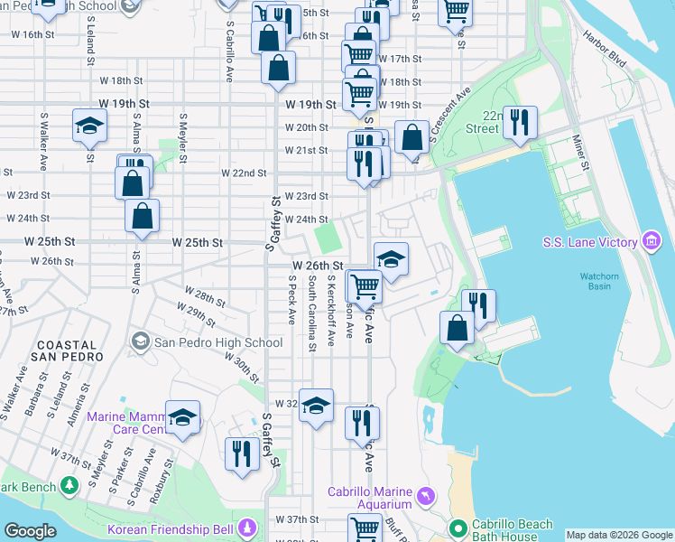 map of restaurants, bars, coffee shops, grocery stores, and more near 2604 South Kerckhoff Avenue in Los Angeles
