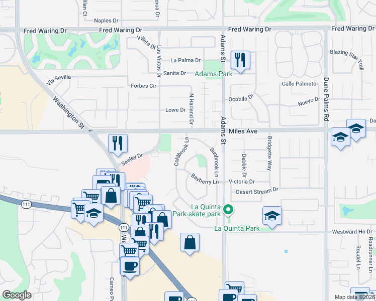 map of restaurants, bars, coffee shops, grocery stores, and more near 45100 Coldbrook Lane in La Quinta